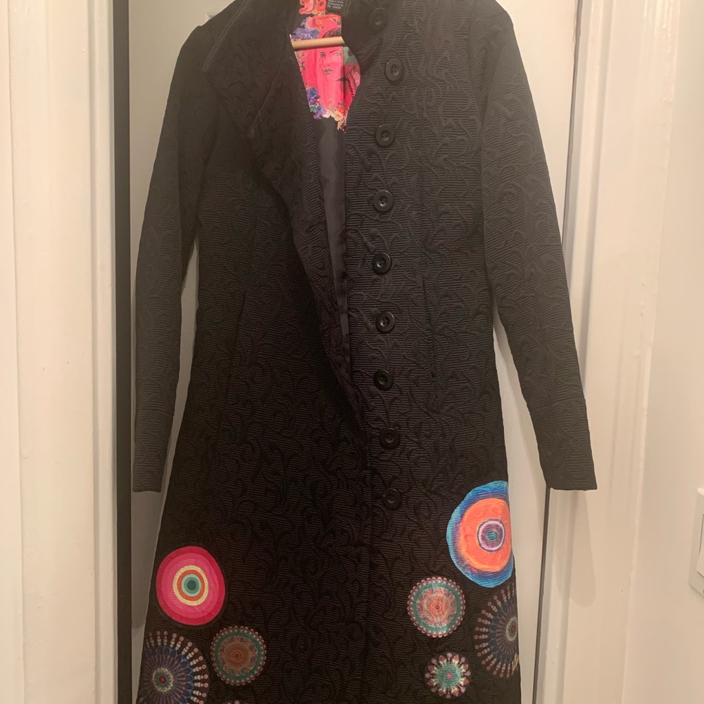 Desigual black coat w/colorful details.